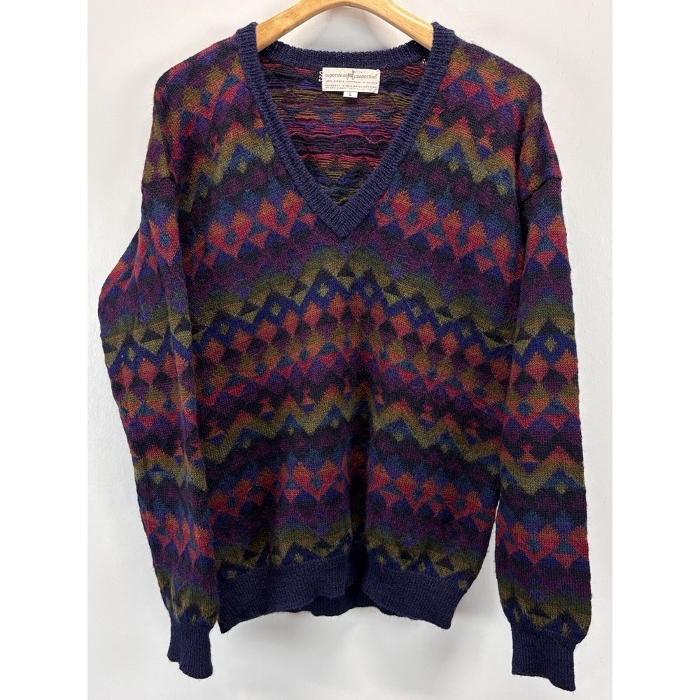 Vtg The Peruvian Connection Alpaca Sweater Sz Large Aztec Vneck Colorful Bolivia